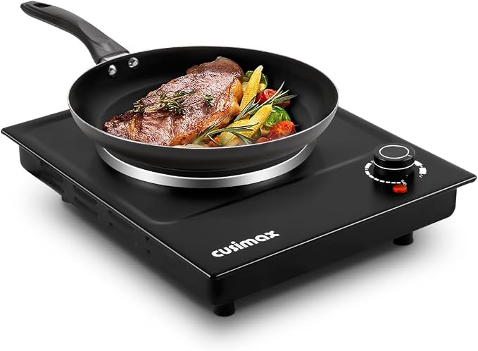 CUSIMAX Single Burner Electric Hot Plate, 1500W, Stainless Steel, Black | Adjustable Temperature/Works with All Cookware/Overheating Protection/Compact & Portable/Stainless Steel/Embeddable Design