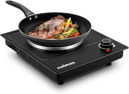 CUSIMAX Single Burner Electric Hot Plate, 1500W, Stainless Steel, Black | Adjustable Temperature/Works with All Cookware/Overheating Protection/Compact & Portable/Stainless Steel/Embeddable Design