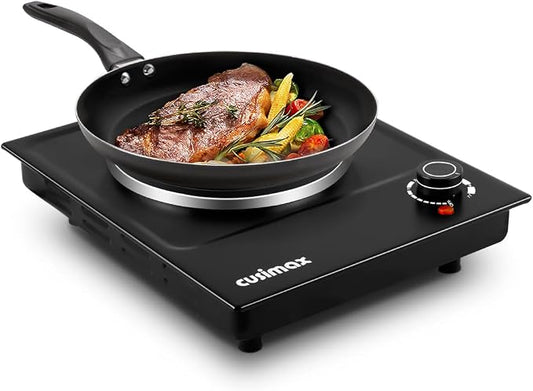 CUSIMAX Single Burner Electric Hot Plate, 1500W, Stainless Steel, Black | Adjustable Temperature/Works with All Cookware/Overheating Protection/Compact & Portable/Stainless Steel/Embeddable Design
