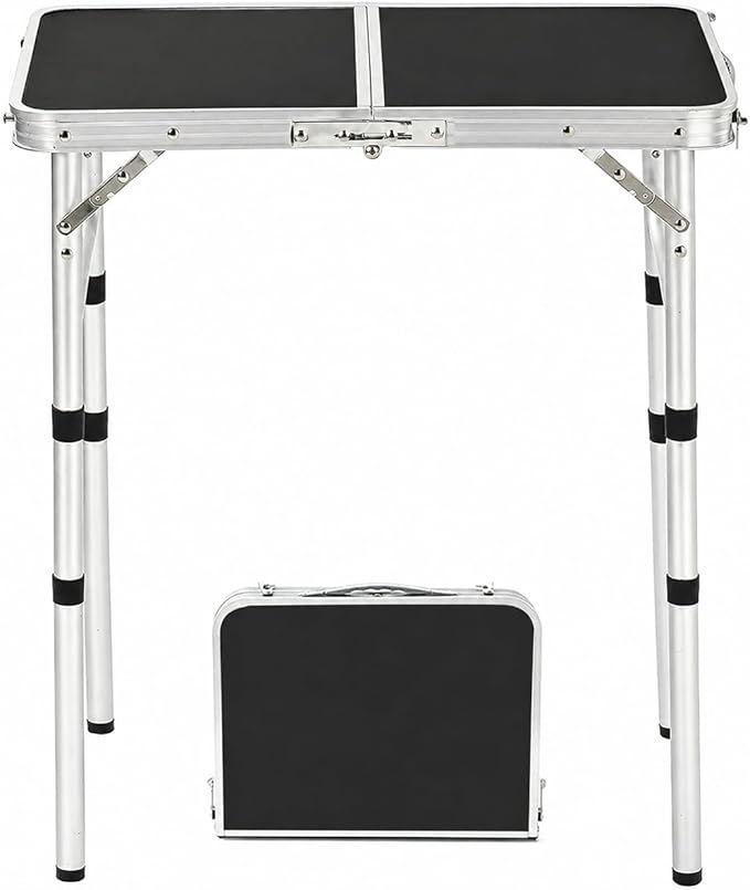 YUFIFAIRY Small Folding Table Portable, 24''L x16''W Foldable Camp Table | Lightweight Aluminum Frame, 3 Adjustable Height 10"/19"/27.5", For Indoor, Outdoor, Cooking, Picnic, Black Table