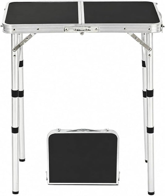 YUFIFAIRY Small Folding Table Portable, 24''L x16''W Foldable Camp Table | Lightweight Aluminum Frame, 3 Adjustable Height 10"/19"/27.5", For Indoor, Outdoor, Cooking, Picnic, Black Table