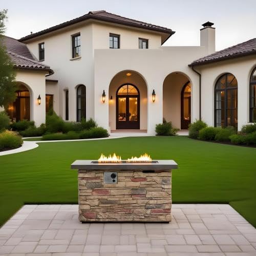 42" Propane Gas Fire Pit Table, 50,000 BTU Outdoor Patio Fire Pit, Concrete Fire Pit with Realistic Stone Base, Stainless Steel Burner, Glass Rocks & Tank Storage for Deck Backyard Garden