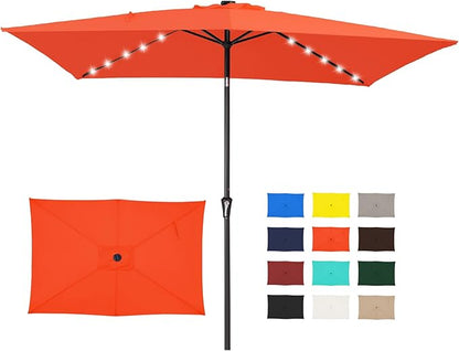 JEAREY 6.5x10' Rectangle LED Lighted Umbrella Patio Umbrella Outdoor w/Tilt | Solar Market Umbrellas with 6 Sturdy Ribs, UV Protection Waterproof Sunproof for Pool, Deck, Backyard(Orange)