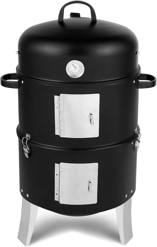 18.5 Inch Vertical Charcoal BBQ Grill, 3-in-1 Heavy-Duty Portable Outdoor Smoker Grill with Built-in Thermometer for Backyard Parties Cooking Grilling Camping