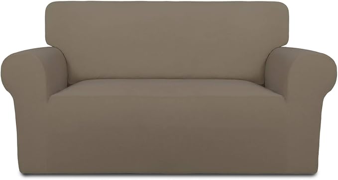 PureFit Stretch Loveseat Covers Fleece Couch Covers for SofaNatural | 1-Piece Sofa Slipcover Soft Couch Protector, Sofa Cover Washable with Non Skid Foam and Elastic Bottom for Kids, Dogs