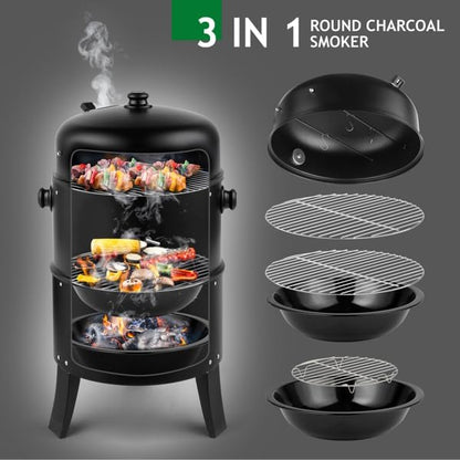 Vertical Charcoal BBQ Smoker, 3-in-1 16" Round Charcoal Barbecue Grill with 2 Cooking Area, and Thermometer for Outdoor Camping Picnic Backyard Cooking, Black (Adjustable Barrel Grill)