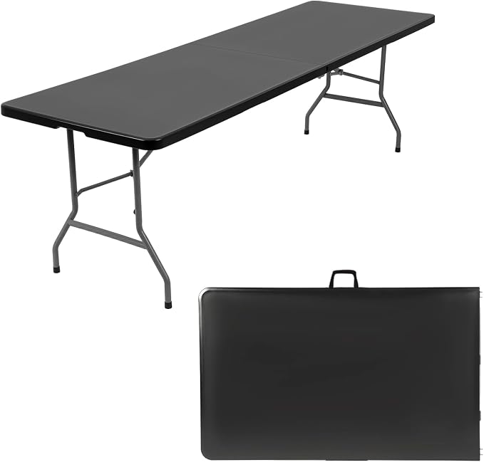 FDW 8 Foot Outdoor Dining Table, Foldable Portable Rectangular Plastic Folding Table with Built in Carrying Handle for Party and Wedding Use, Black