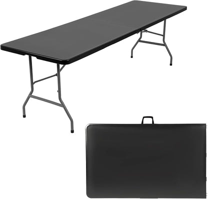 FDW 8 Foot Outdoor Dining Table, Foldable Portable Rectangular Plastic Folding Table with Built in Carrying Handle for Party and Wedding Use, Black