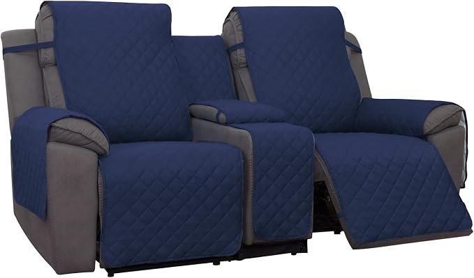 PureFit Water Resistant Reversible Loveseat Recliner Cover - Non Slip Furniture Protector for 2 Seat Recliner, Navy/Ivory | Double with Console, Non Slip Split Sofa Cover, Washable Reclining Cover, Navy/Ivory