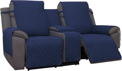 PureFit Water Resistant Reversible Loveseat Recliner Cover - Non Slip Furniture Protector for 2 Seat Recliner, Navy/Ivory | Double with Console, Non Slip Split Sofa Cover, Washable Reclining Cover, Navy/Ivory