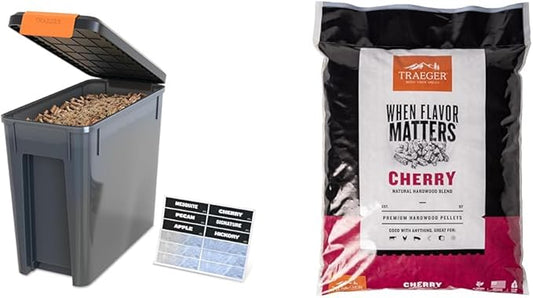Bundle of Traeger Grills BAC637 StayDry Pellet Bin, 22lb Capacity Wood Pellet Container + Traeger Grills Cherry 100% All-Natural Wood Pellets for Smokers & Pellet Grills 18 lb. Bag