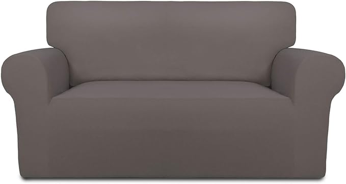 PureFit Stretch Loveseat Covers Fleece Couch Covers for Sofa Taupe | 1-Piece Sofa Slipcover Soft Couch Protector, Sofa Cover Washable with Non Skid Foam and Elastic Bottom for Kids, Dogs