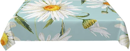 Decorative Rectangle Table Cloths Watercolor Floral Daisy White Chamomile Plant Green Tablecloth Table Cover for Dining/BBQ/Picnic/Coffee Table 52 X 70 Inches