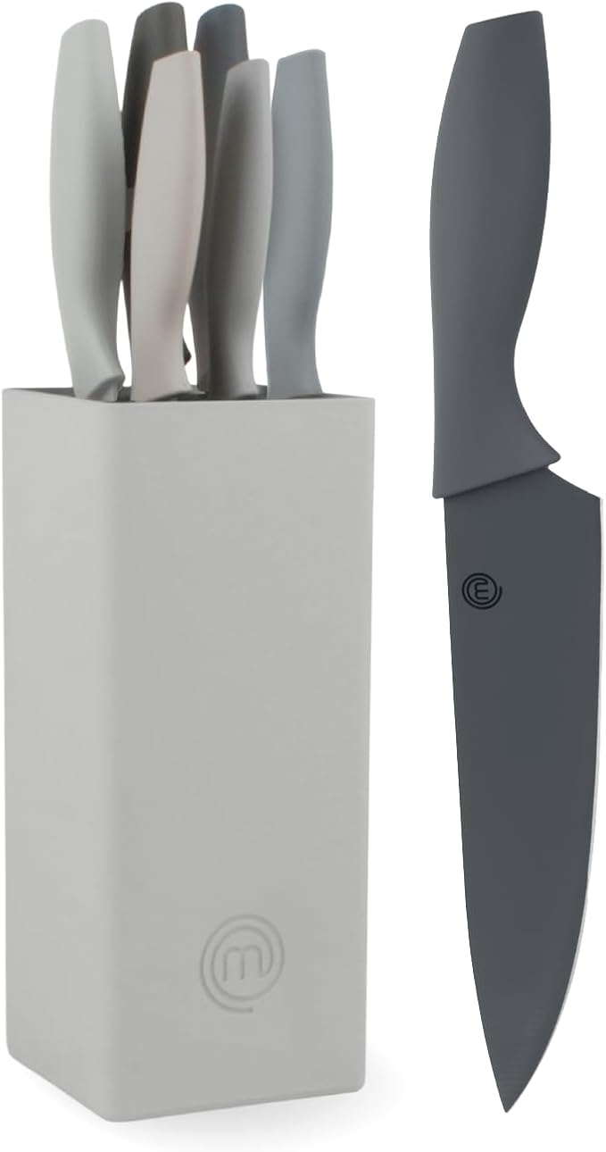 MasterChef Knife Set with Block, 7pc Kitchen Knives Set with Holder, Grey | Knife Block Set with Sharp Stainless Steel Blades for Precise Cutting with Non Stick Coating & Soft Touch Easy Grip Handles