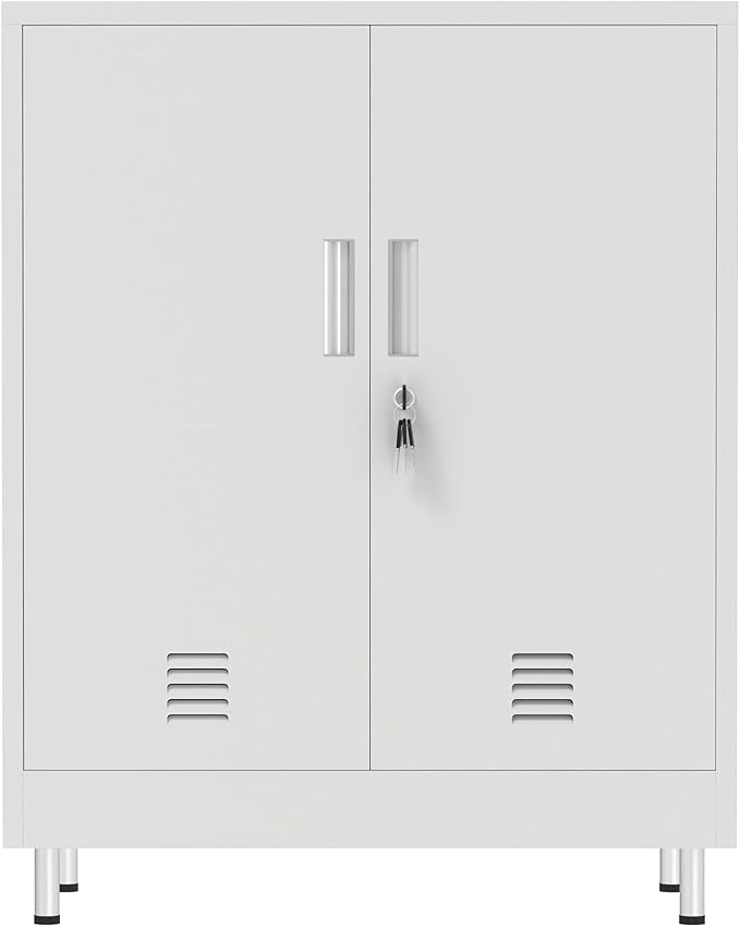 JINGUR Metal Storage Cabinet with Locking Doors and 2 Adjustable Shelves, Lockable Storage Cabinet for Home Office Garage Pantry Living Room (White)