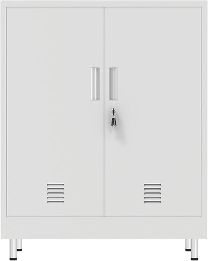 JINGUR Metal Storage Cabinet with Locking Doors and 2 Adjustable Shelves, Lockable Storage Cabinet for Home Office Garage Pantry Living Room (White)
