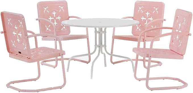 Crosley Furniture Azalea 5-Piece Vintage Outdoor Dining Set for 4, Retro Metal Round Patio Table and Chairs, Pastel Pink Gloss/White Satin