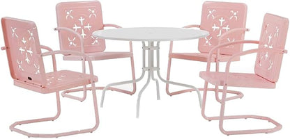 Crosley Furniture Azalea 5-Piece Vintage Outdoor Dining Set for 4, Retro Metal Round Patio Table and Chairs, Pastel Pink Gloss/White Satin