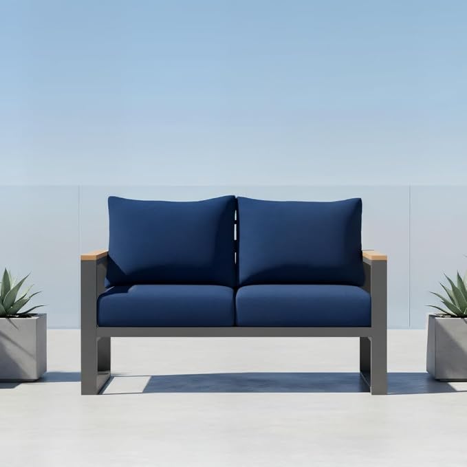 Sundale Outdoor Aluminum Patio Loveseat, All-Weather Outdoor Furniture with 6" Olefin Cushion & Wide Armrest, Outdoor Couch for Garden Deck Porch (Navy Blue)