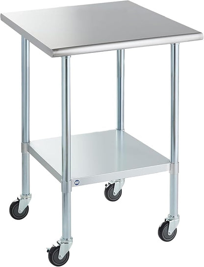 ROCKPOINT Stainless Steel Table for Prep & Work with Caster Wheels 30x30 Inches, NSF Commercial Heavy Duty Table with Undershelf and Legs for Restaurant, Home and Hotel