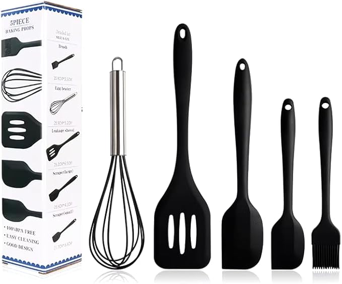 5-Piece Silicone Spatula Set with Egg Whisk & Basting Brush – Heat Resistant, Non-Stick, BPA-Free Kitchen Utensils for Cooking, Baking & Grilling – Dishwasher Safe – (Red, Black, Green, Pink) (Black)
