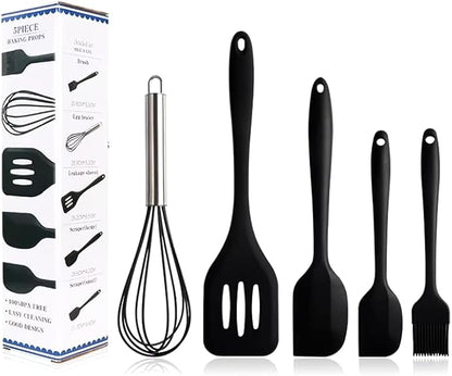 5-Piece Silicone Spatula Set with Egg Whisk & Basting Brush – Heat Resistant, Non-Stick, BPA-Free Kitchen Utensils for Cooking, Baking & Grilling – Dishwasher Safe – (Red, Black, Green, Pink) (Black)