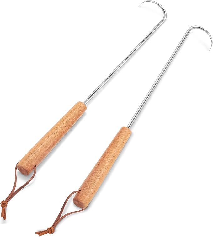 Pigtail Food Flipper 2Pcs, HaSteeL 17Inch Meat Turner Hook, Stainless Steel Pig Tail Flipper Hook With Wooden Handle, Grill Accessories for BBQ Grilling Griddle Kitchen Cooking - Left & Right Handed