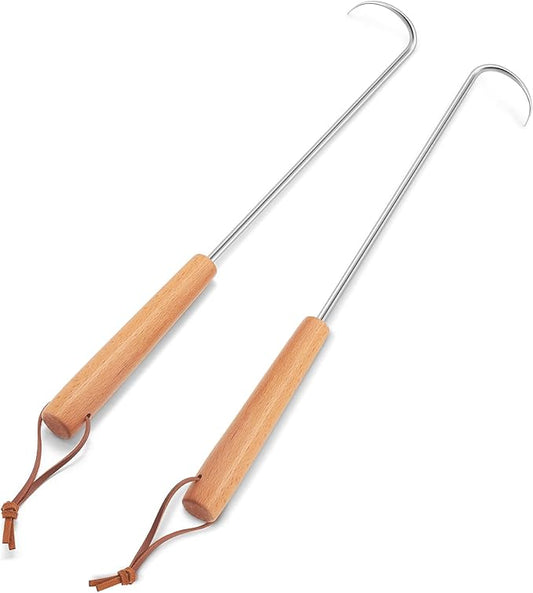 Pigtail Food Flipper 2Pcs, HaSteeL 17Inch Meat Turner Hook, Stainless Steel Pig Tail Flipper Hook With Wooden Handle, Grill Accessories for BBQ Grilling Griddle Kitchen Cooking - Left & Right Handed