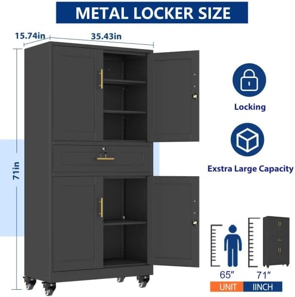Ckzbx Metal Garage Storage Cabinet with Locking Drawers and Adjustable Shelves,71" H Steel File Cabinet with Wheels for Garage,Office (Black)