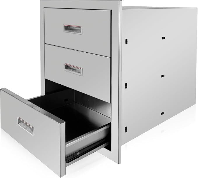 Outdoor Kitchen Triple Drawers 18'' W x 23'' H x 23.1'' D Stainless Steel BBQ Island Drawers with Handle Enclosed Built-in Flush Mount Drawer for Outdoor Kitchen Island Patio Grill Station