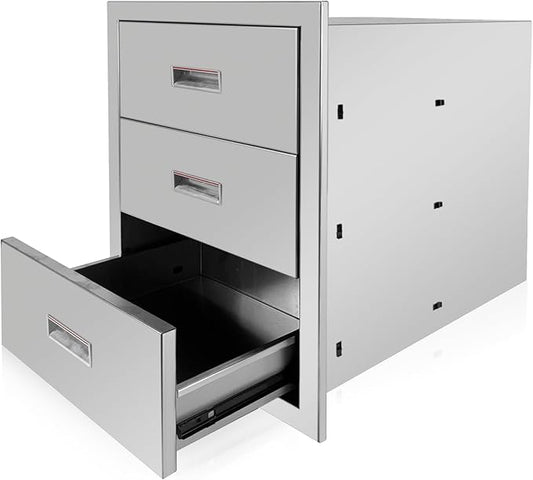 Outdoor Kitchen Triple Drawers 18'' W x 23'' H x 23.1'' D Stainless Steel BBQ Island Drawers with Handle Enclosed Built-in Flush Mount Drawer for Outdoor Kitchen Island Patio Grill Station