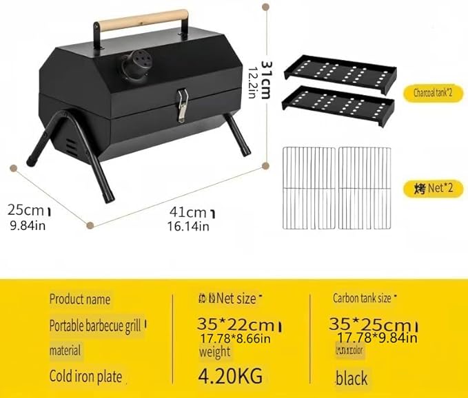 Portable Charcoal BBQ Grill, 16.7x11.4x11.6 inches, Foldable Steel Construction with Ash Pan, Smokeless Design for Camping and Outdoor Cooking (Octagonal oven [Black])
