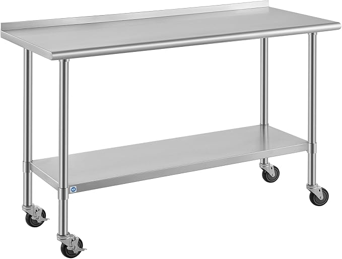 ROCKPOINT All Stainless Steel Prep Table with Caster & Backsplash 24x60 Inch，Commercial Heavy Duty Workbench with Stainless Legs & Adjustable Undershelf,850 lb Capacity for Outdoor Kitchens with Wheel