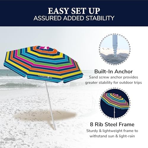 Caribbean Joe Beach Umbrella, Portable and Adjustable Tilt Sun Umbrella with UV Protection, Vented Canopy, Full 6.5 ft Arc