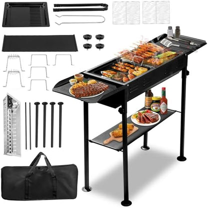 Portable Charcoal Grills for Outdoor BBQ, Foldable Kabob Barbecue Grill for Camping Hibachi BBQ Griddle Lamb Skewer in Garden Backyard Party Picnic Travel Outdoor Cooking (Portable Full Pack Grill)