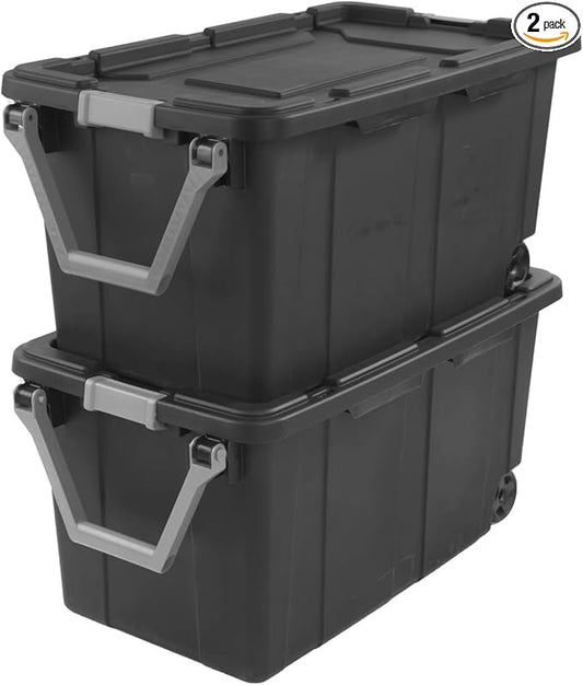 40 Gallon Stackable Wheeled Storage Bin for Garage Basement Camping Gear, Dark Gray, Pack of 2
