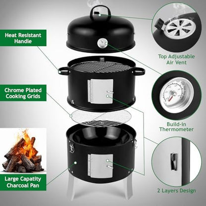 Portable Charcoal Grill - Heavy-Duty Outdoor BBQ with Thermometer & Dual Doors, Perfect for Camping, Beach, Garden, Patio & Backyard - 47x41.5x82cm, Black