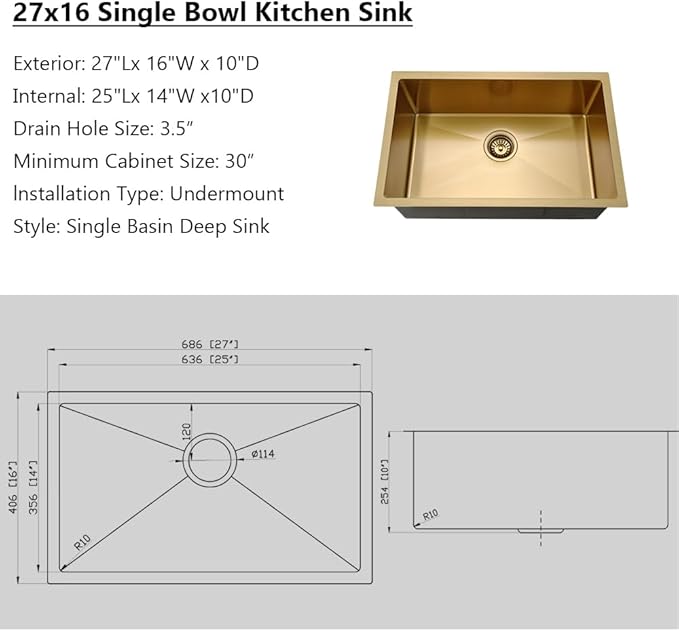 Gold Kitchen Sink Undermount, Jshozzy 27x16 Undermount Kitchen Sink Stainless Steel 16 Gauge Single Bowl Under Counter Deep Sink
