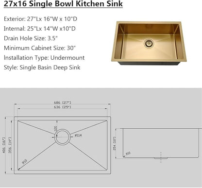 Gold Kitchen Sink Undermount, Jshozzy 27x16 Undermount Kitchen Sink Stainless Steel 16 Gauge Single Bowl Under Counter Deep Sink
