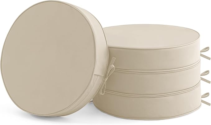 Summsun Outdoor Bistro Chair Cushions Set of 4, 15" D x 3" H Round Chair Cushions Waterproof and Fade Resistant Chair Cushion Pads with Non-Slip Ties and Removable Covers for Garden, Cream