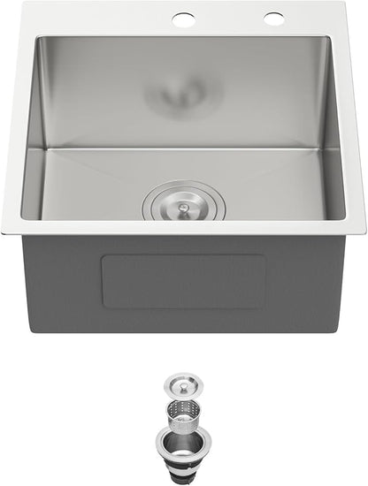 18 Drop In Bar Sink 18 x 18 Inch Kitchen Sink 18 Gauge Stainless Steel Single Bowl Topmount Handmade Sink for Outdoor, RV, 18x18x9