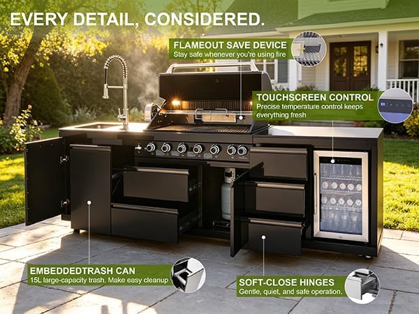 114" All-in-One Outdoor Kitchen Island,6 Burner Modular Kitchen with Grill Station Cabinetry,304 Stainless Black Granite, Sink, Fridge, BBQ Set for Patios & Backyards (Black, 114 IN)