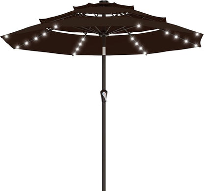 AreShark 9ft 3 Tiers Patio Umbrella with Solar Lights, Outdoor Umbrella w/ 32 LED Lights&8 Sturdy Ribs, Table Umbrella for Deck, Backyard, Pool (Dark Brown)