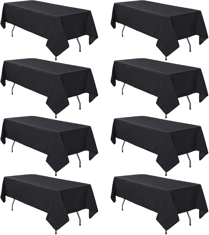 8 Pack Black Tablecloths 60 x 84 Inch Rectangle For 4 Foot Tables | Wrinkle Resistant, Washable Polyester Fabric, Rectangular Table Cloth for Wedding Party Banquet Buffet and Camping