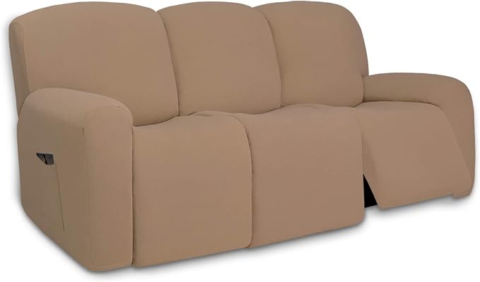 PureFit Super Stretch 3 Seats Recliner Sofa Couch Cover with Pocket | Non Slip Soft Sofa Slipcover, Washable Spandex Reclining Furniture Protector for Kids, Pets (Recliner Sofa, Camel)