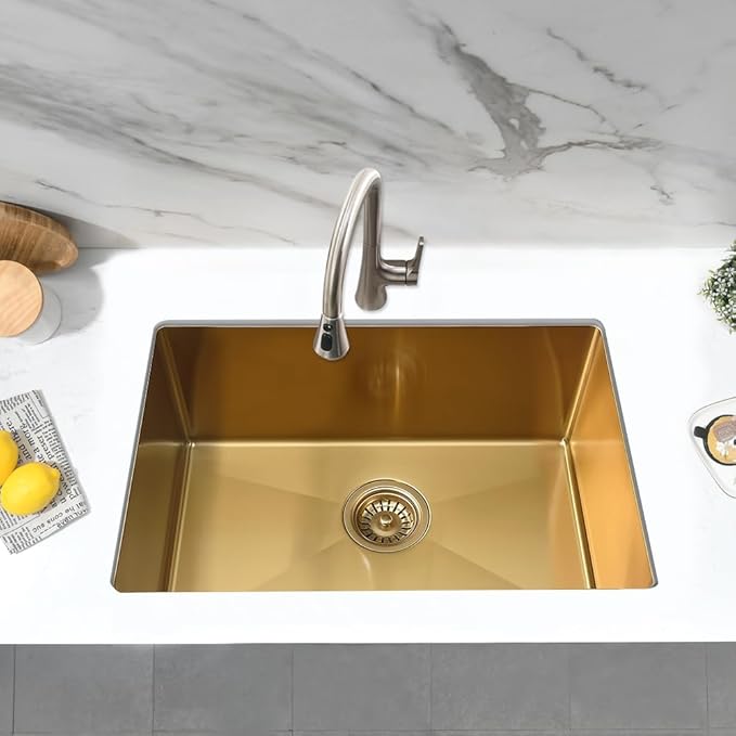 Gold Kitchen Sink Undermount, Jshozzy 27x16 Undermount Kitchen Sink Stainless Steel 16 Gauge Single Bowl Under Counter Deep Sink