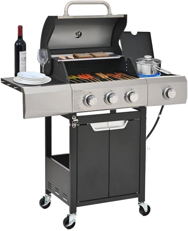 Endark 3-burner propane grill, 40,500 BTU with side-fire function. Stainless steel, enameled cast iron grate, thermometer, wheels. Perfect for patio and garden cooking