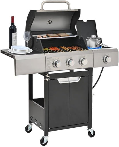 Endark 3-burner propane grill, 40,500 BTU with side-fire function. Stainless steel, enameled cast iron grate, thermometer, wheels. Perfect for patio and garden cooking