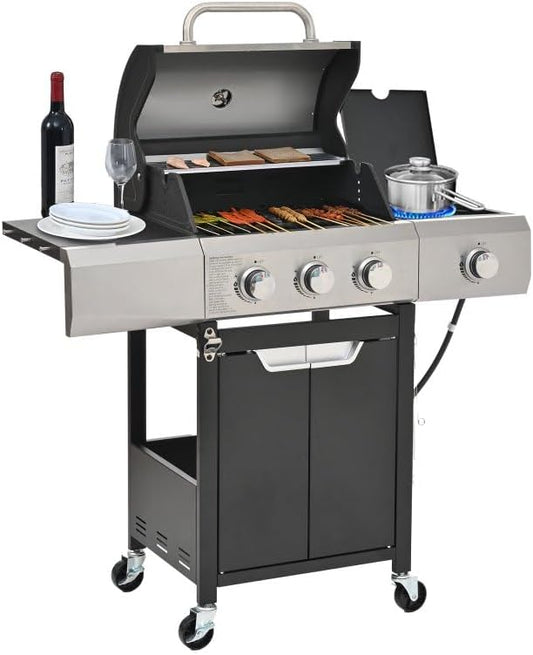 Endark 3-burner propane grill, 40,500 BTU with side-fire function. Stainless steel, enameled cast iron grate, thermometer, wheels. Perfect for patio and garden cooking