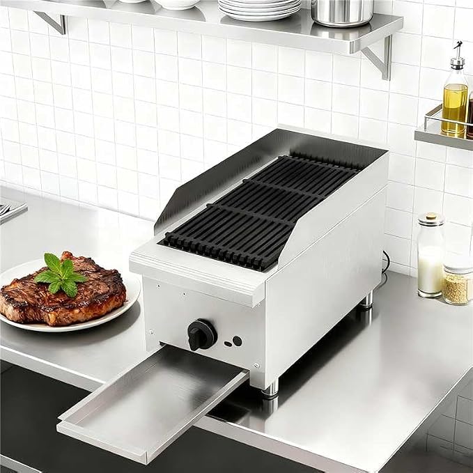 12" Commercial Propane Grill – 28,000 BTU 1-Burner Countertop Gas Grill with Cast Iron Grates & Lava Rocks, Convertible Between Propane & Natural Gas.Gas Charbroiler for Home & Commercial Kitchen.